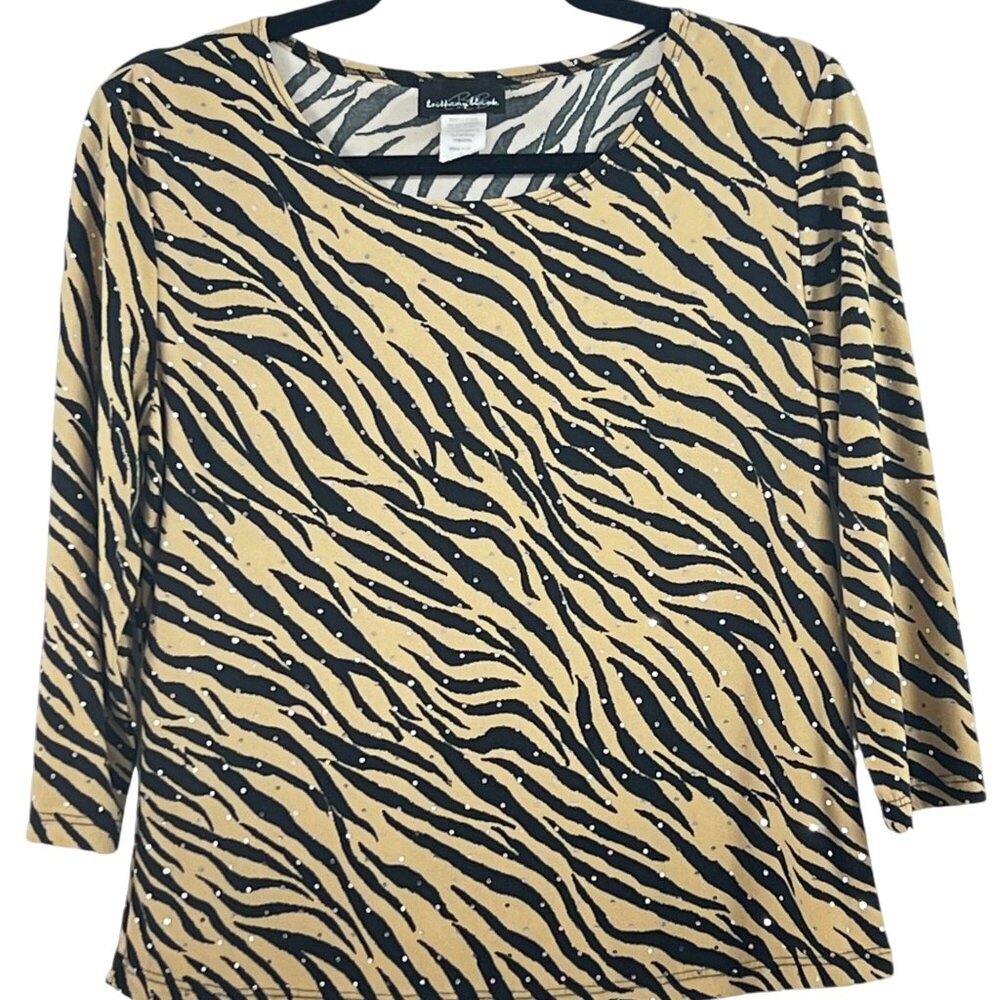 Brittany Black Womens Top Size L Zebra Print 3/4 Sleeve Polyester Spandex USA